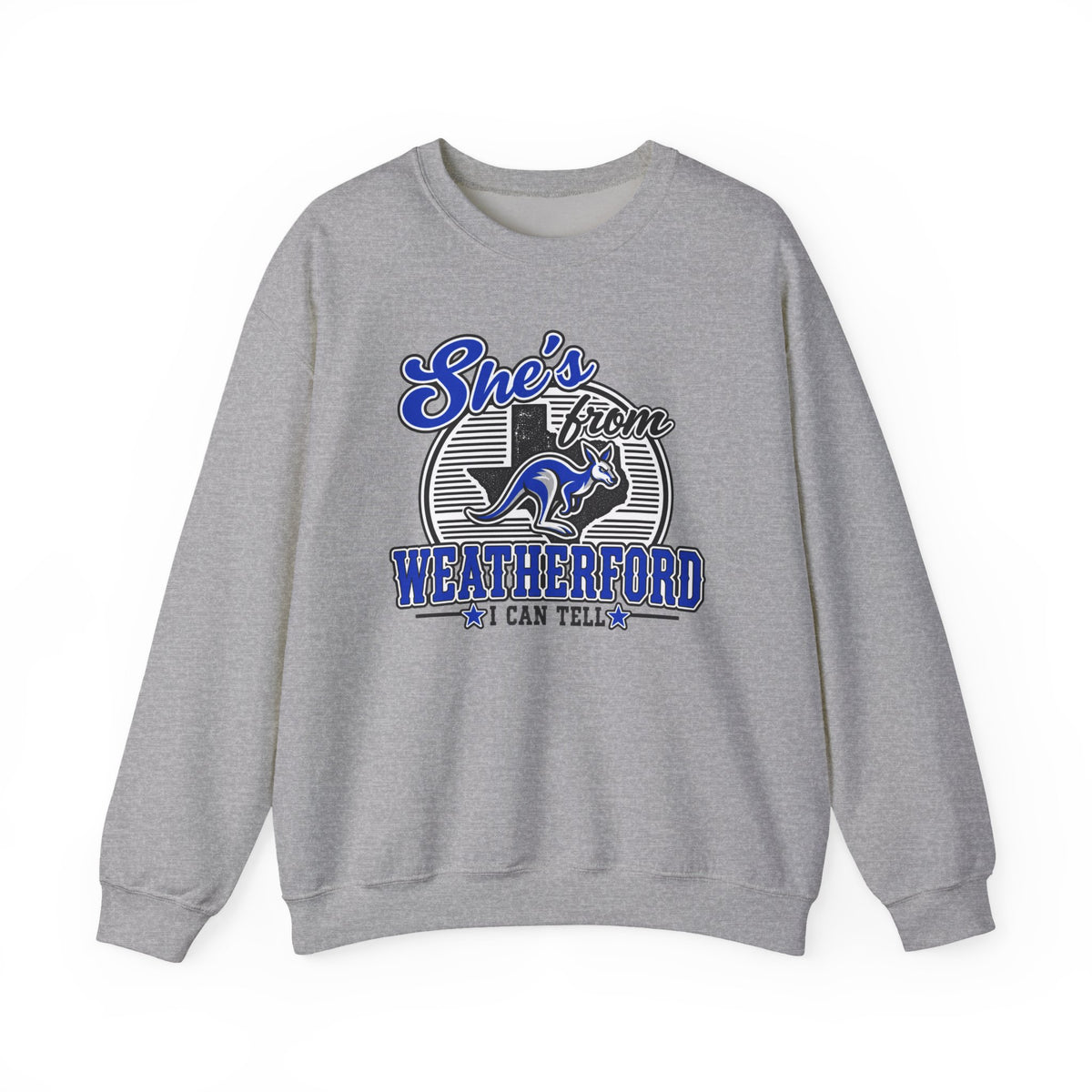 She's From Weatherford Crewneck Sweatshirt — Classic Script Town Pride Pullover