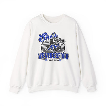 She's From Weatherford Crewneck Sweatshirt — Classic Script Town Pride Pullover