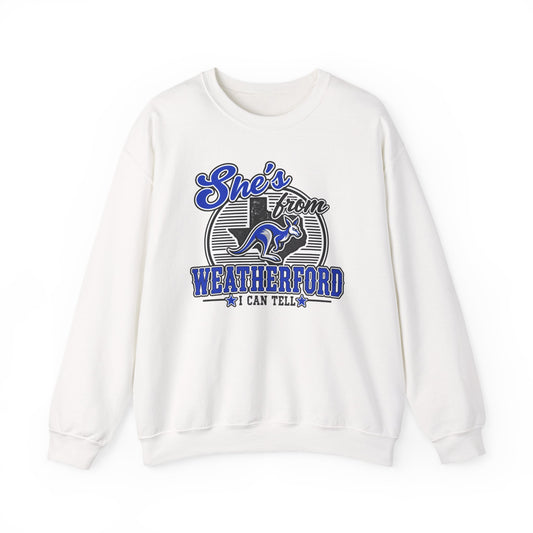 She's From Weatherford Crewneck Sweatshirt — Classic Script Town Pride Pullover
