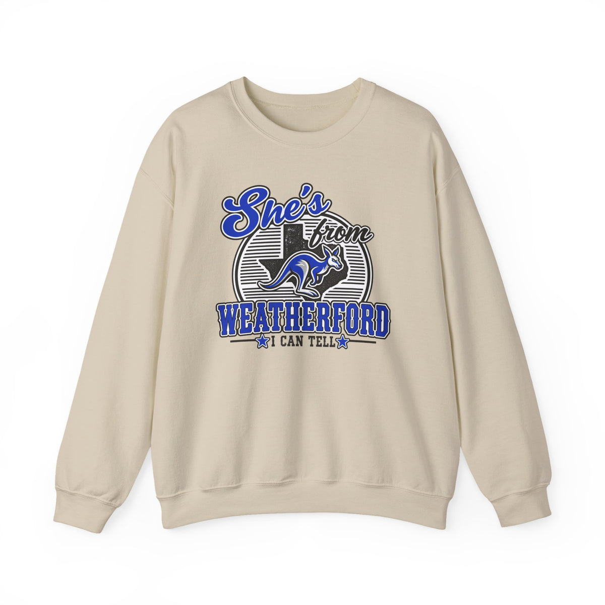 She's From Weatherford Crewneck Sweatshirt — Classic Script Town Pride Pullover