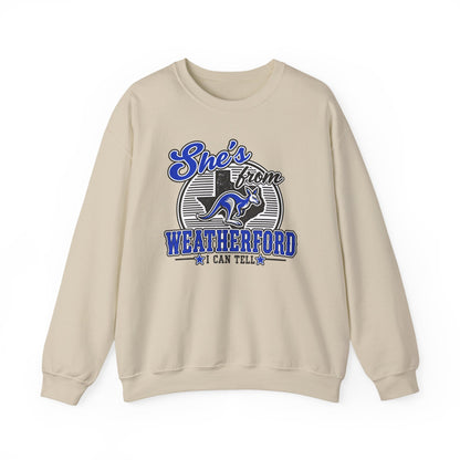 She's From Weatherford Crewneck Sweatshirt — Classic Script Town Pride Pullover